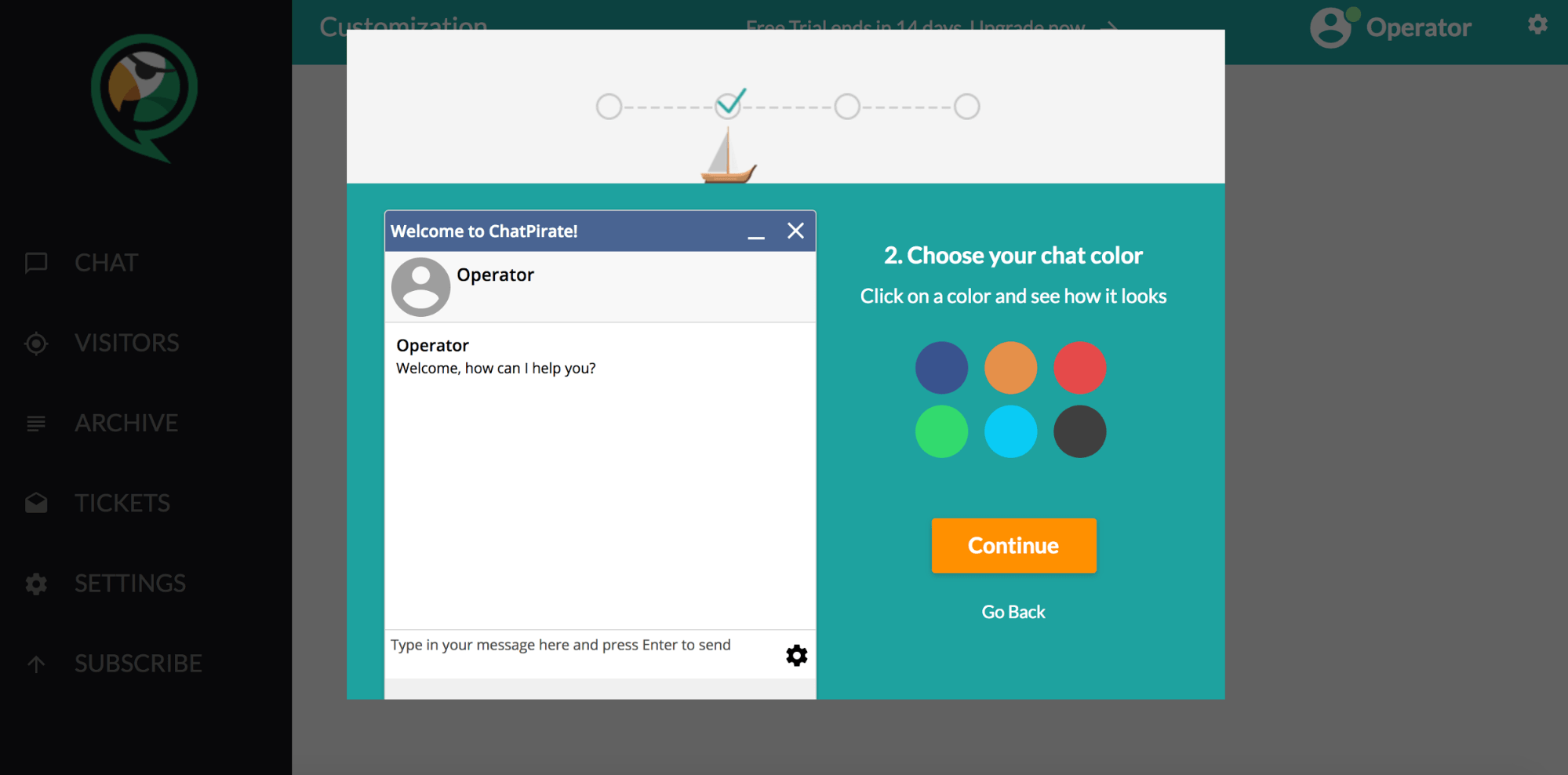 ChatPirate - 2nd step of onboarding - chat customization